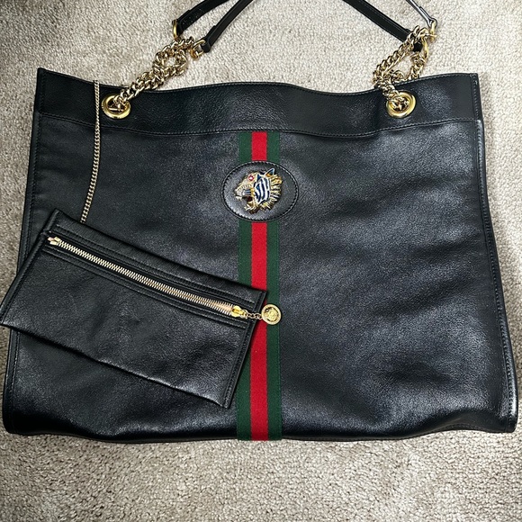 GUCCI Rajah Chain Tote Bag Leather Black 537219 Tiger head Purse 90191005 - Picture 3 of 5